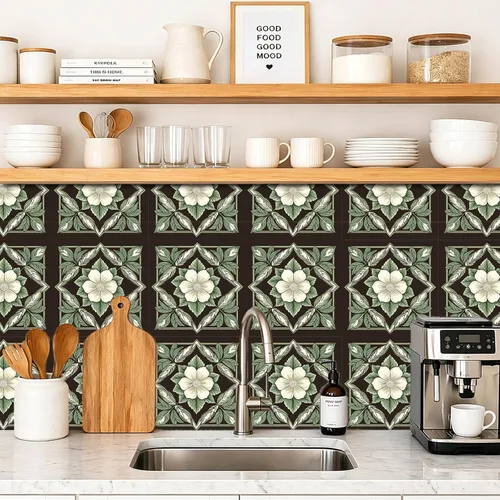 Vista 8 de IVN 10 azulejos de suelo de 12 x 12 pulgadas con patrón de crema botánica oscura para despegar y pegar, calcomanías de vinilo autoadhesivas