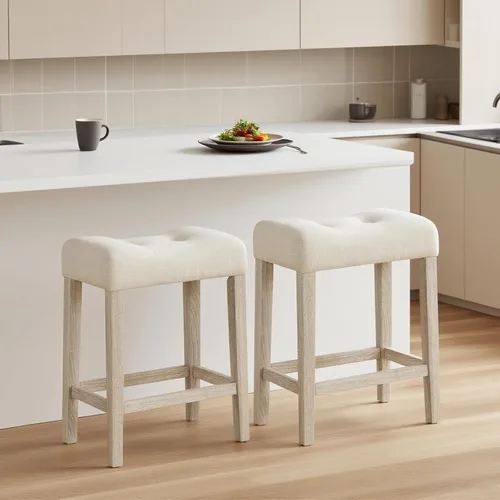 Vista 21 de ERGOMASTER Taburetes de bar, 24 pulgadas, modernos taburetes de sillín, madera de caucho, caqui/marrón, juego de 2