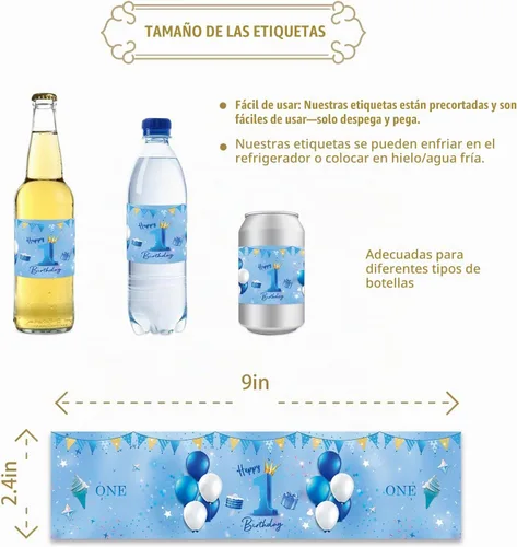 Vista 3 de 32 etiquetas azules para botellas de agua de primer cumpleaños, globos azules con purpurina para cumpleaños de un año, etiquetas para botellas
