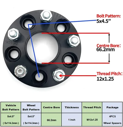 Vista 2 de Espaciadores de rueda de 5 x 4.5 de 1 pulgada y 2.606 in de orificio de cubo de 12 x 1.25 pernos 5x114.3 adaptadores de rueda compatibles con G35