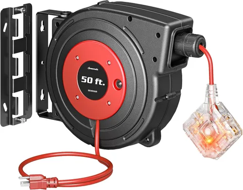 Vista 10 de DEWENWILS Carrete de cable de extensión retráctil, cable de alimentación resistente de 50 pies, 14AWG/3C SJTOW, 3 tomas de tierra con triple llave