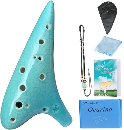 Instrumento de Ocarina de 12 agujeros con libro de canciones para principiantes, Ocarina de cerámica en Do agudo (Grieta de hielo cian)