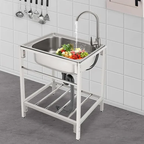 Vista 4 de Fregadero de cocina de acero inoxidable con soporte, fregadero de lavandería simple para el hogar con grifo, lavabo multiusos independiente