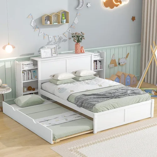 Vista 14 de RUNNA Elegante cama de plataforma de tamaño Queen con estantes extraíbles, cama de almacenamiento de madera con nido de tamaño individual
