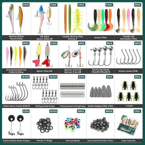 Vista 3 de Kit de caja de aparejos de pesca con libro de técnicas de pesca, juego de 142 señuelos que incluye enchufes, cuchara, ganchos y accesorios,