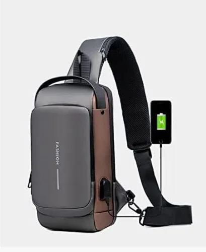 Vista 3 de Anti theft Crossbody Sling Bag,Waterproof Chest Daypack with USB Charging, Shoulder Backpack for Men and Women (Brown and Gray)