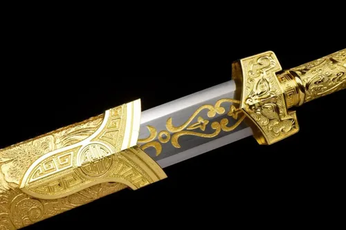 Vista 4 de Espada china, espadas Han Jian doradas reales (hoja de acero forjado de alto carbono, vaina de cuero falso, mango de aleación)