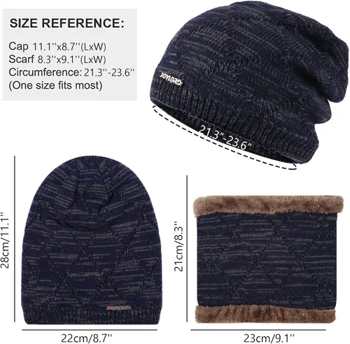 Vista 3 de Conjunto de gorro de invierno para hombre, gorro de punto cálido, gorro de calavera, calentador de cuello con forro polar grueso, gorro de invierno