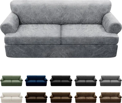 Vista 132 de Fundas para Sillón de 2 Piezas con Cojín en T, Fundas de Aspecto de Cuero para Sofá, Fundas para Sillas, Protector de Muebles Elástico, Funda