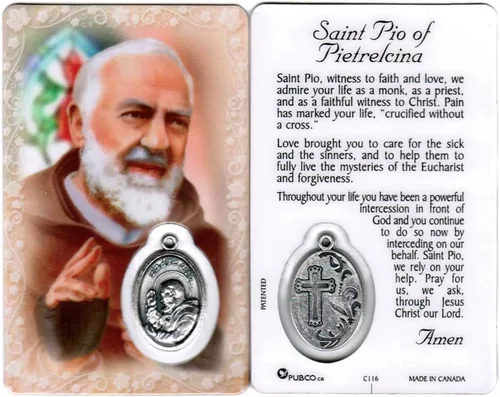 San Padre Pío de Pietrelcina Tarjeta Santa con Medalla | Patrón del Alivio del Estrés