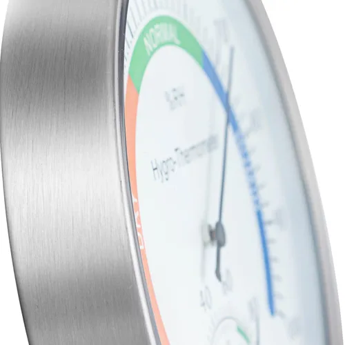 Vista 4 de Termómetro higrómetro de acero inoxidable de 5 pulgadas, esfera colorida para interiores y exteriores, termómetro higrómetro analógico, indicador