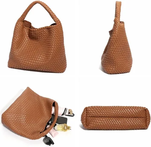 Vista 3 de Bolsos de cuero para mujer, bolsos de hombro de moda, bolso de mano tejido, bolso de mano con asa superior, bolsas de cubo