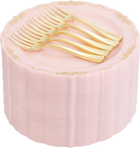 Vista 10 de LIYH 96 piezas de platos desechables de postre y tenedores de oro rosa - Juego de platos de plástico de 19 cm para ensalada, pastel y aperitivos
