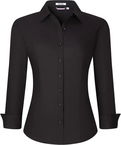 Vista 11 de WARHORSEE Camisa de botones de manga larga para mujer, camisas de vestir de trabajo, cuello en V, de fácil cuidado, elásticas, blusas casuales