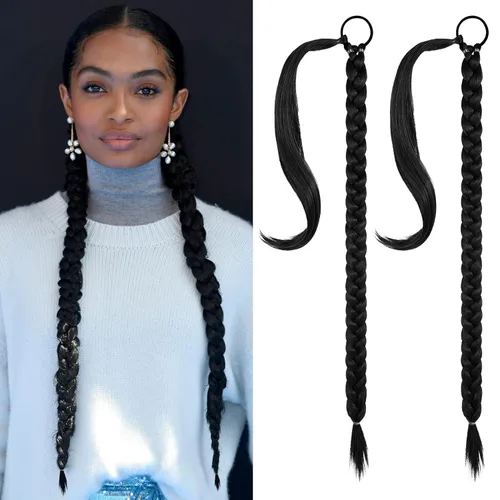 Vista 82 de SEIKEA Extensión de cola de caballo de trenza larga mejorada con lazo elástico, lacio, elegante extensiones de cabello trenzado envolvente