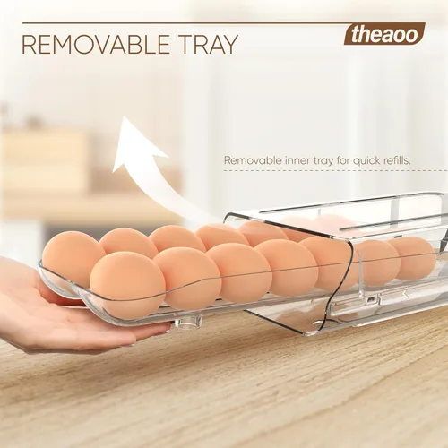Vista 4 de theaoo Soporte para huevos para refrigerador, contenedor de huevos enrollable automático para refrigerador, dispensador de huevos de plástico