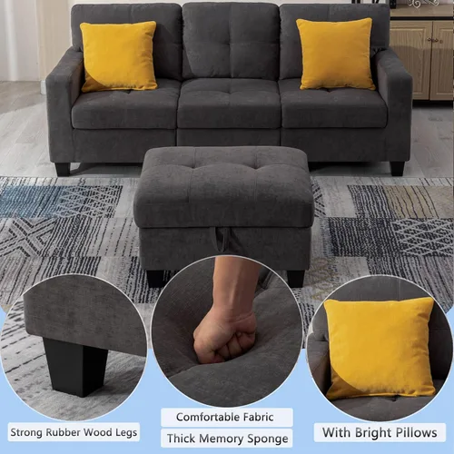 Vista 3 de Sofá modular de 4 asientos con otomana de almacenamiento, juego de muebles de sala de estar en forma de L y U para espacios pequeños, espuma