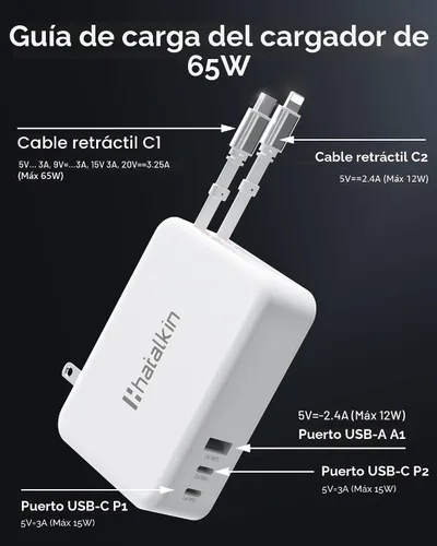 Vista 4 de 65W para cargador MacBook Pro, enchufe de pared retráctil de 5 en 1 para iPhone 17, cable PD USB C y Lightning de 1.2 m y 3 puertos, bloque de carga
