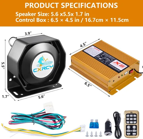 Vista 5 de Sirena de alarma con bocina 12V 200W para auto, sistema PA, bocinas delgadas [18 tonos] [120-130dB] [micrófono inalámbrico] CXRCY Sirena