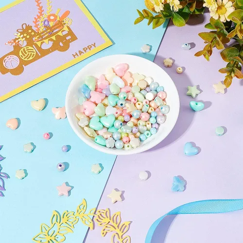 Vista 4 de AHANDMAKER 220 cuentas de plástico pastel, cuentas acrílicas de gelatina de imitación, cuentas acrílicas redondas de corazón de estrella, cuentas