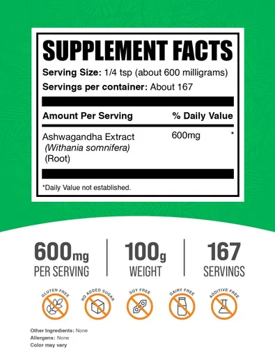 Vista 2 de Extracto de Ashwagandha, natural alivio del estrés, Bulksupplements, 1