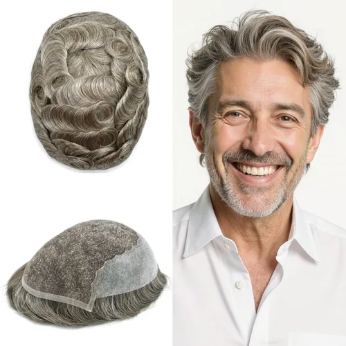 Vista 536 de Toupee - Sistemas de reemplazo de cabello para hombre, encaje frontal suizo, nudo blanqueado, pieza de cabello humano natural