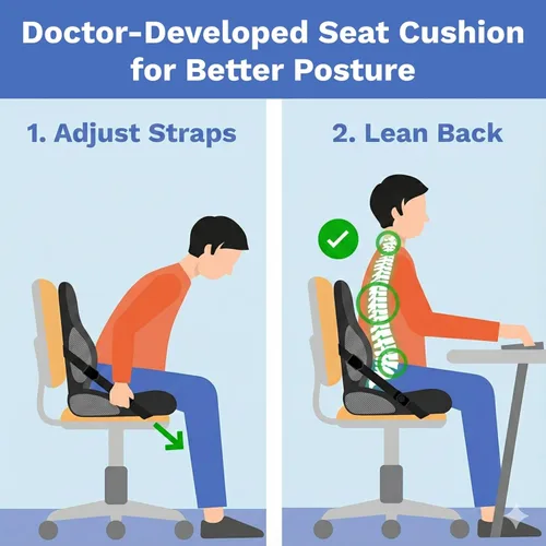 Vista 7 de Almohada de apoyo lumbar para silla de oficina Cojín de espuma viscoelástica ajustable, desarrollado por médicos, alivio ergonómico de la presión