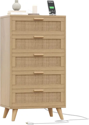 Vista 23 de Rovaurx Cómoda doble de 6 cajones para dormitorio, cómoda de ratán, cómoda de madera moderna con asas doradas, mesa auxiliar para armario, sala