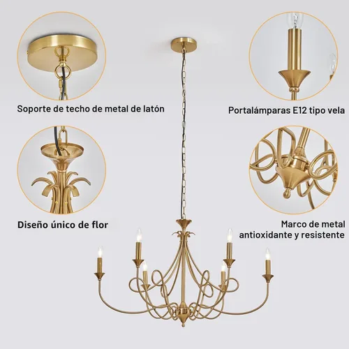 Vista 5 de Candelabro Moderno de 6 Luces 36.6" Candelabros de Vela de Latón Lámpara Colgante de Metal Dorado para Comedor, Sala de Estar, Isla de Cocina