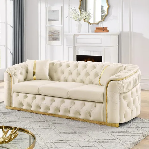 Vista 12 de Sofá Chesterfield de 62.6 pulgadas, moderno de mediados de siglo, sofá de terciopelo blanco beige y dorado, sofás de lujo para sala de estar