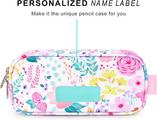 Vista 5 de mibasies - Estuche para lápices para niñas y niños, estuche multi-ranuras, rosa con flores y blanco