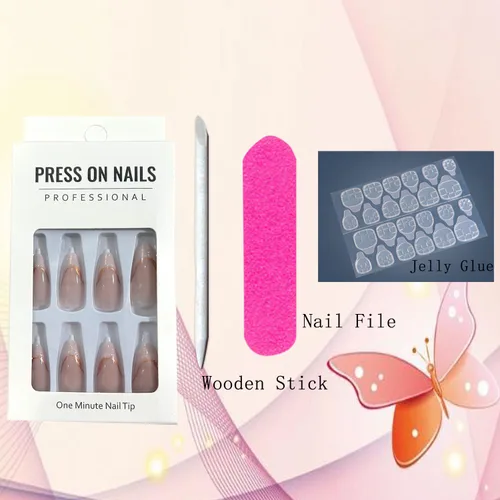 Vista 6 de Uñas postizas a presión con punta de almendra mediana, uñas postizas artificiales con diseño de líneas doradas, cobertura completa, reutilizables