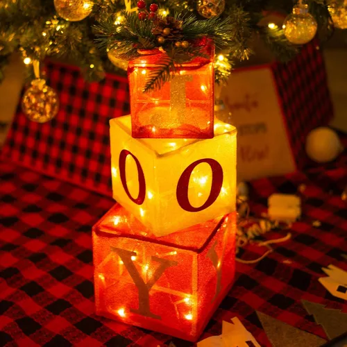 Vista 6 de Hourleey Juego de 3 cajas de regalo iluminadas de Navidad, 60 luces LED preiluminadas, cajas de regalo con ornamentos de alegría, decoraciones