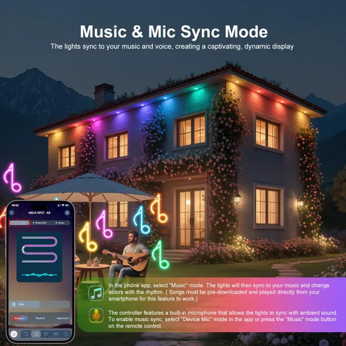 Vista 3 de Luces inteligentes permanentes para exteriores para casa, 50 pies con 18 luces LED RGB+IC, sincronización de música, iluminación de aleros
