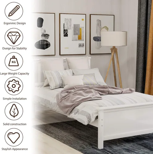 Vista 8 de Merax - Base de colchón de madera maciza con cabecero, sin sombreador de caja, fácil montaje para plataforma infantil, doble, blanco (tripa)