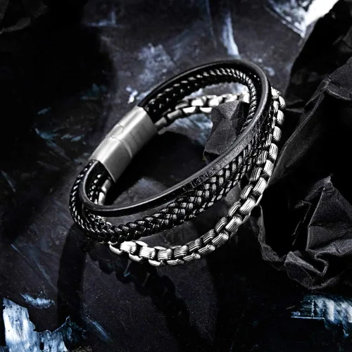 Vista 5 de Speroto Pulseras para hombre, pulseras de cuero y acero, pulseras de cadena con cierre, pulseras de acero para hombre, Sin gemas.