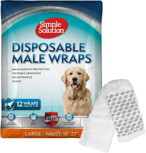 Vista 9 de Simple Solution Pañales Desechables Envolventes para Perros Machos, True Fit, Absorbentes, A Prueba de Fugas con Indicador de Humedad, Pañal