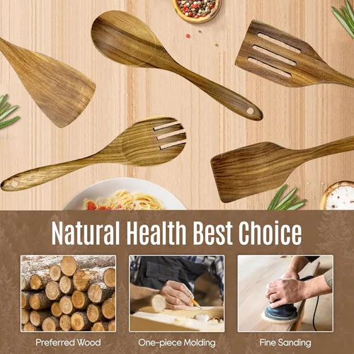 Vista 4 de Juego de utensilios de madera para cocinar, 5 espátulas de madera de acacia para uso en cocina, utensilios de cocina de madera antiadherentes, juego