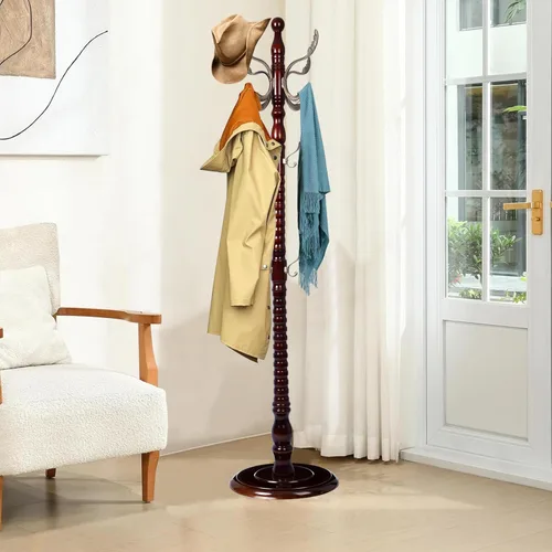 Vista 17 de Heavy Coat Rack Freestanding, Natural Wood Hall Tree, Adjustable Height 73in and Versatile 14 Hooks for Entryway, Porch, Living Room, Bedroom, Home