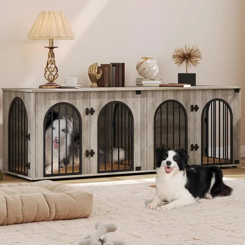 Vista 16 de Hzuaneri 63" Mueble de jaula para perros para 2 perros, jaula de perro interior resistente con soporte para TV, jaula de madera para perros L