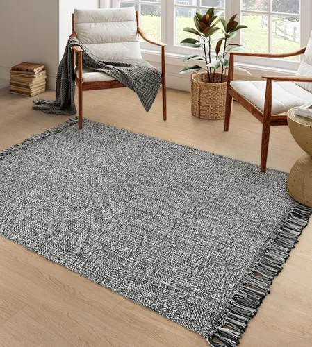 Vista 100 de Collive Alfombra de Baño Negra, 2' x 3' Tejida a Mano Lavable Alfombras Pequeñas de Cocina, Alfombra de Entrada Reversible de Algodón Alfombra