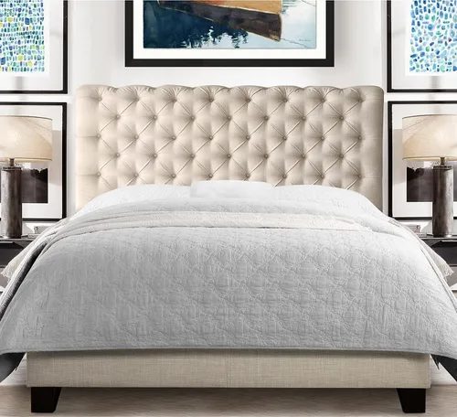 Vista 3 de Rosevera Gideon - Marco de cama tapizado de tela con cabecera ajustable, estilo Chesterfield, soporte de listones de madera, fácil montaje