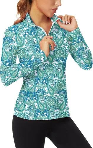 Vista 30 de WOWENY - Camiseta de manga larga con cremallera de 1/4 para mujer, con cuello, para hacer deporte, con estampado, para tenis Hoja multicolor.