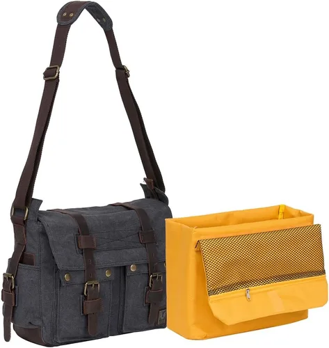 Vista 3 de morral de cuero y lona para computadora portátil + morral de lona para cámara Dslr Slr