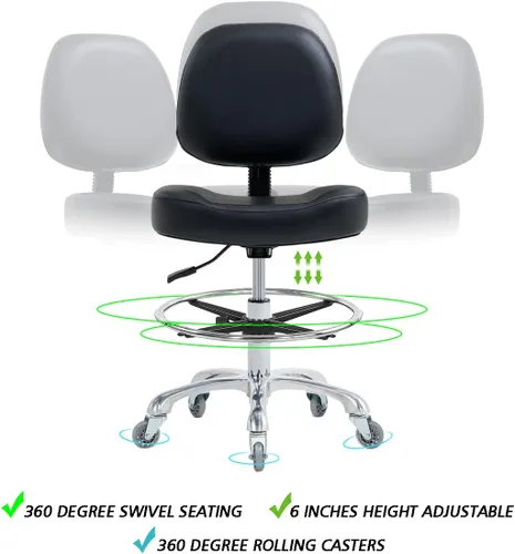 Vista 4 de Silla de dibujo alta para escritorio de pie, taburete de tienda con respaldo, taburete de dibujo esteticista con ruedas, silla de altura