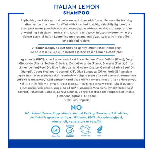 Vista 5 de Desert Essence Champú aclarante italiano de limón con aceite de cáscara de limón y aloe, vegano, sin gluten, sin fragancias artificiales, 8 onzas