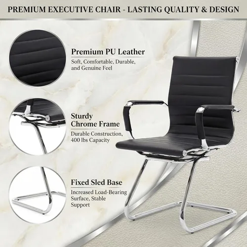 Vista 7 de Wahson Silla de oficina de piel resistente para invitados respaldo medio, sillas de cuarto de conferencia, recepci[on, set de 2 , Cuero, Negro