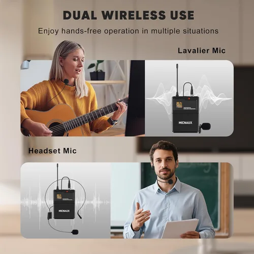 Vista 5 de Sistema de micrófono inalámbrico de solapa con auriculares y micrófonos Lavalier, juego de micrófonos UHF Pro de 4 canales con transmisor de paquete