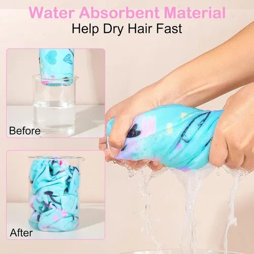 Vista 2 de Basumee Toalla Envolvente de Microfibra para el Cabello para Niños Paquete de 2 Toallas de Cabello de Secado Rápido con Botón Turbantes para Cabello