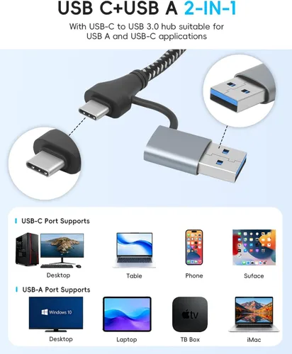 Vista 5 de Hub USB para laptop, divisor USB de 4 puertos, concentrador USB a concentrador de puerto USB 3.0, concentrador USBC de múltiples puertos, extensor